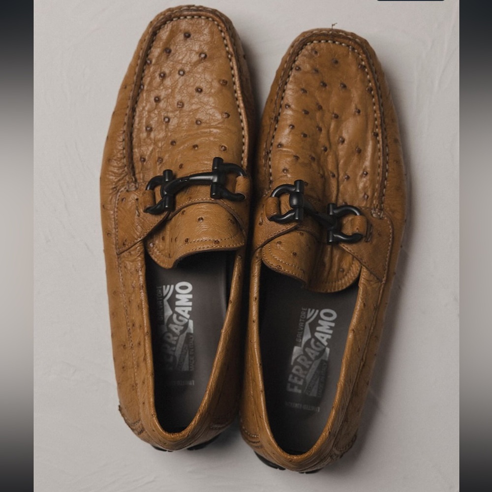 SALVATORE FERRAGAMO Light Brown Ostrich Leather Shoes Size 36.5